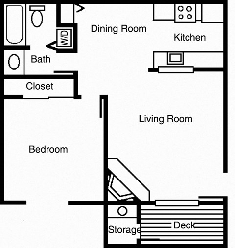 Floor plan for 1 bed, 1 bath, 644 sqft